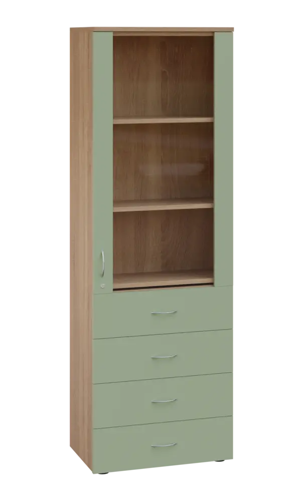 LE - 64 skříň léková prosklená, pravá, korpus dub bardolino, dvířka šedo-zelinkavá